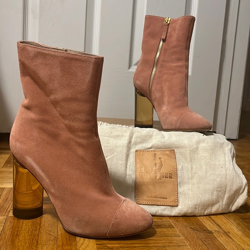 See By Chloe Pink Suede Ankle Boots with Amber Lucite Heel